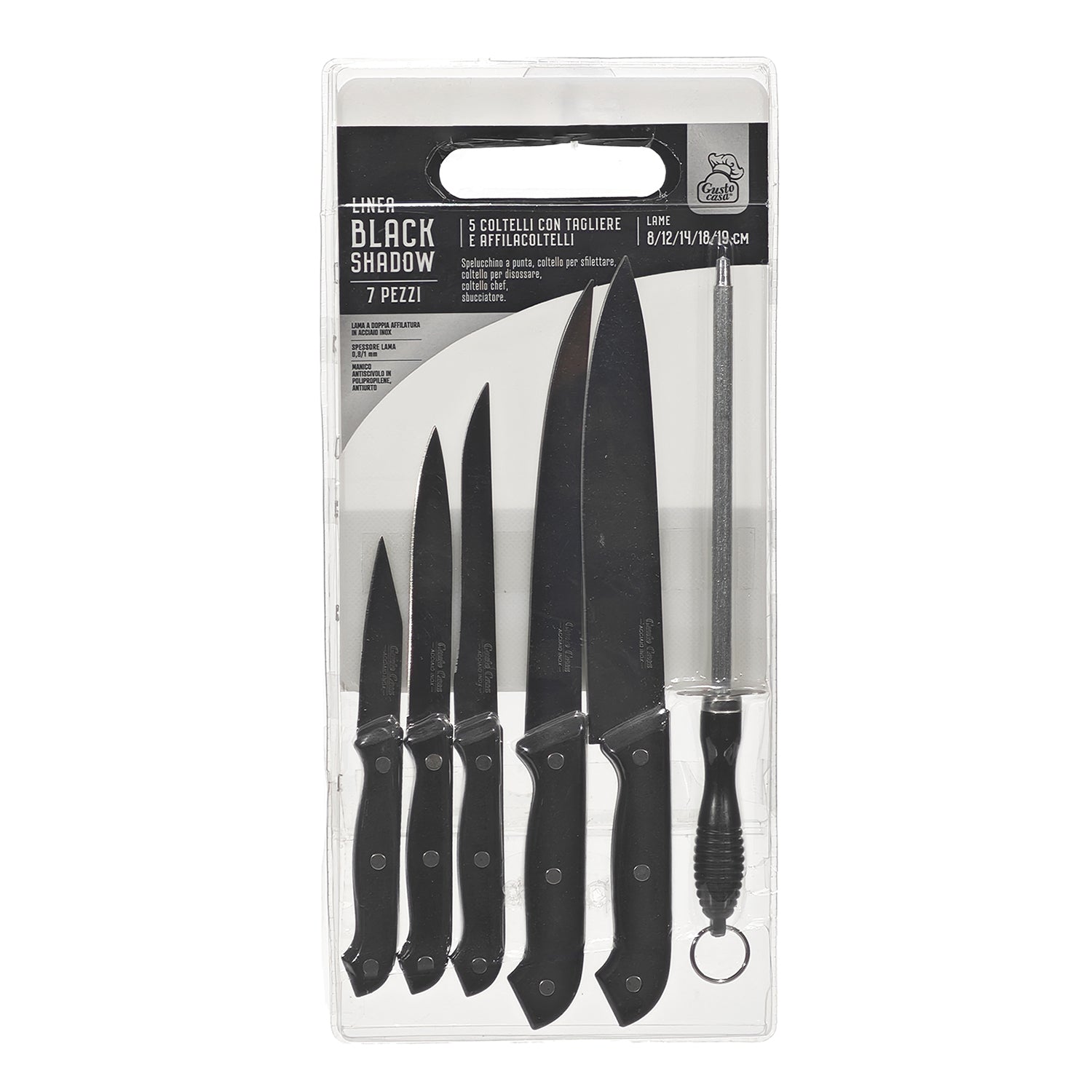 GUSTO CASA - Set Coltelli con tagliere in Polipropilene 7 Pezzi Linea Black Shadow
